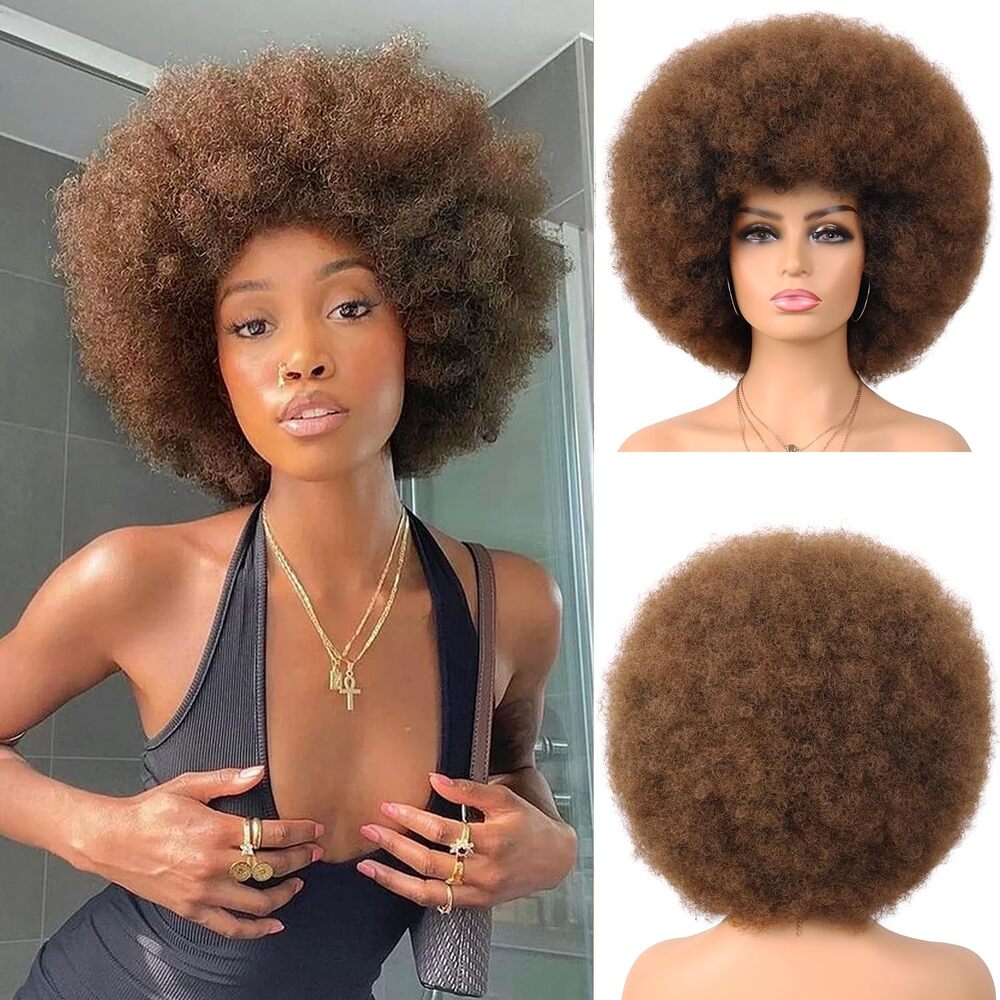 BRAND NEW ~ Retro 70's Disco Brown Realistic Looking Curly Afro Wig & Wig Cap
